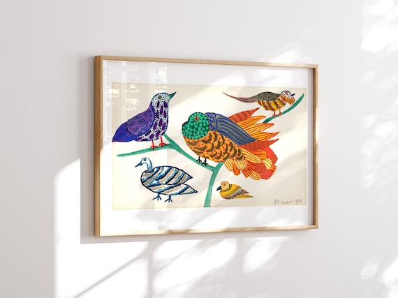 Vintage Gouache Painting, Maximalist Decor, Original Colorful Bird Painting, Whimsical Wall Art, Gifts for Birders, Downloadable Prints
