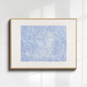 Blaue abstrakte Aquarell Malerei, Vintage Aquarell Original Lithographie, blau und hellbeige Kunstdruck, minimalistische Wandkunst, verstecktes Bild