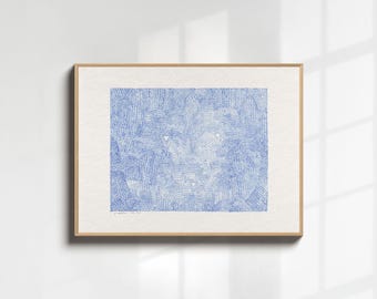 Blue Abstract Watercolor Painting, Vintage Watercolor Original Lithograph, Blue and Light Beige Art Print, Minimalist Wall Art, Hidden Image