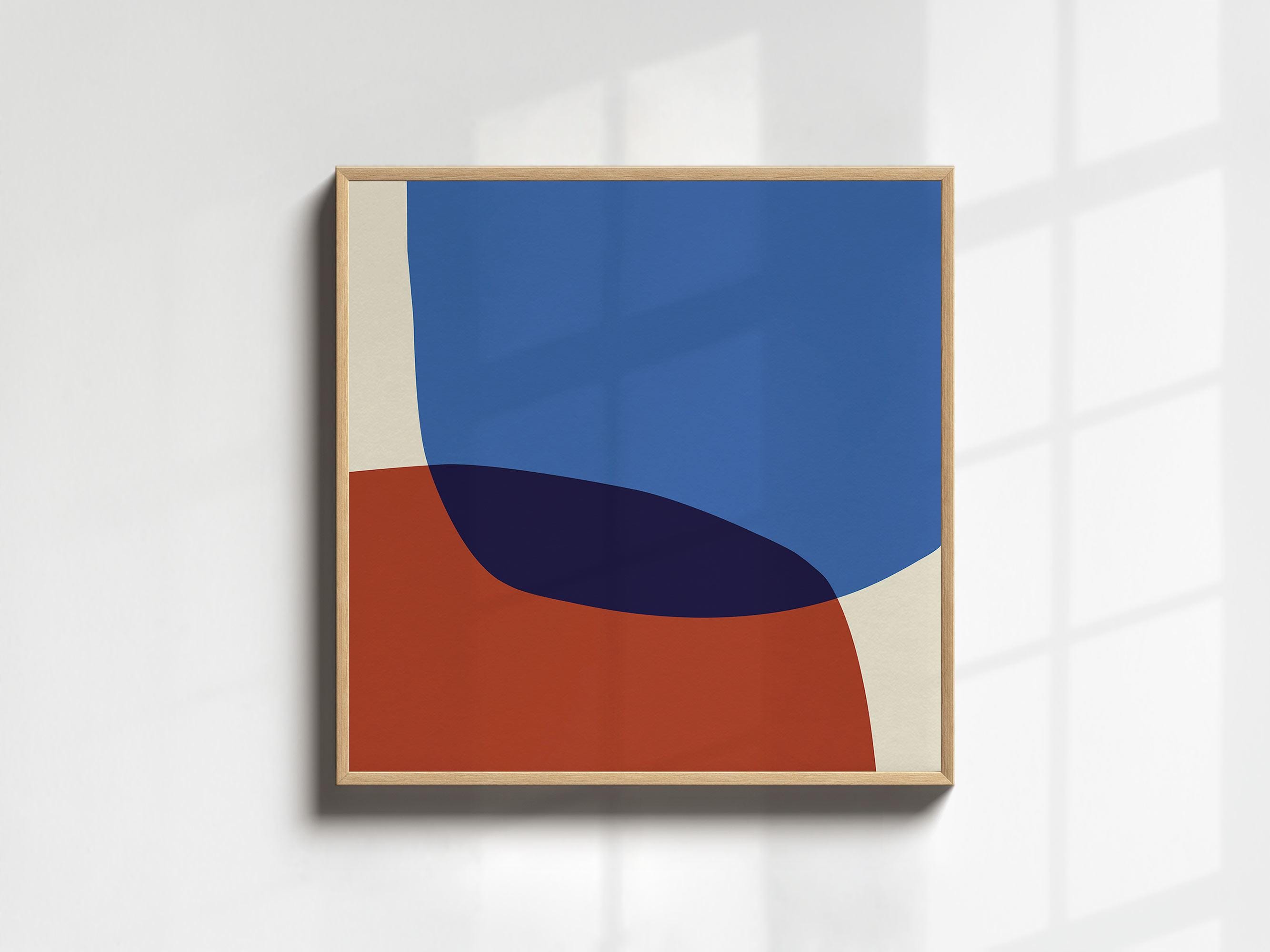 Abstract Square Art Print, Extra Large Square Wall Art, Mid Century Modern Wall Art, Blue Red Color Block Wall Art, Minimalist Home Decor