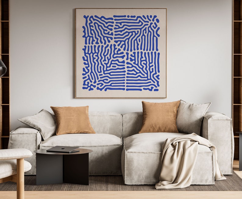 Blue and Beige Abstract Square Wall Art Print, Minimalist Modern Home