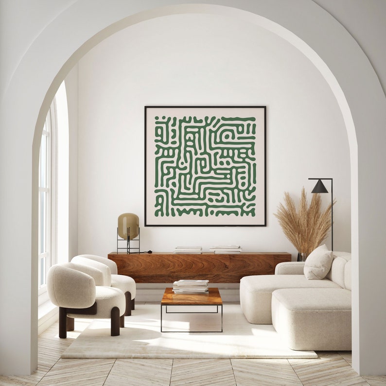 Sage Green Square Wall Art, Mid Century Modern Abstract Pattern, Neutral Gallery Square Print, Sage Green Printable Extra Large Wall Art