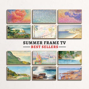Puede incluir: Una colección de 12 pinturas enmarcadas que presentan diversas escenas de verano, incluyendo paisajes marinos, paisajes y paisajes urbanos. Las pinturas están todas en un estilo puntillista, con pequeños puntos de color que crean las imágenes. Los marcos son todos de madera y tienen un acabado natural. El texto "SUMMER FRAME TV - BEST SELLERS" se muestra debajo de las pinturas.
