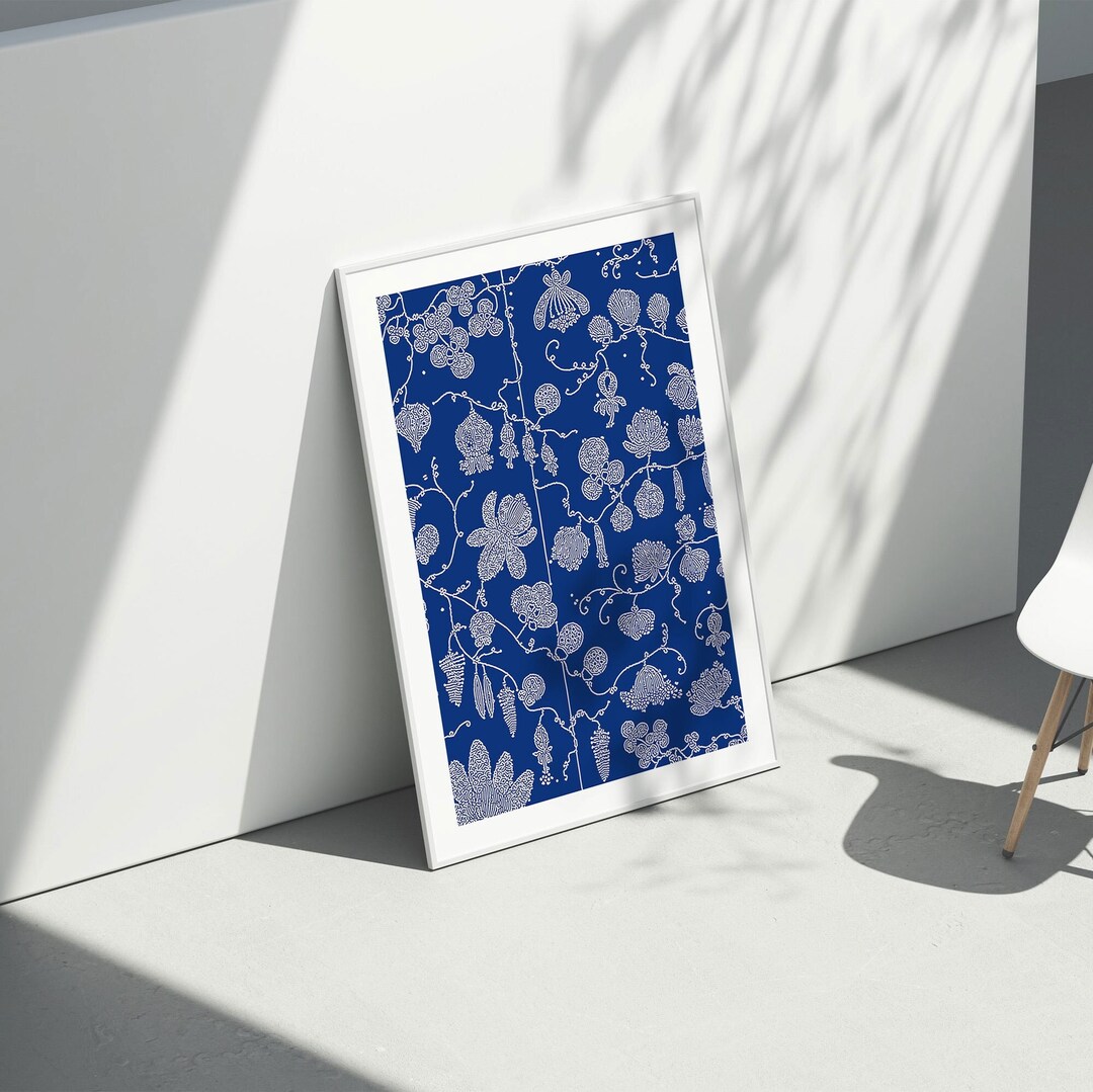 Navy Blue Botanical Wall Art, Navy Blue Botanical Prints, Navy Blue