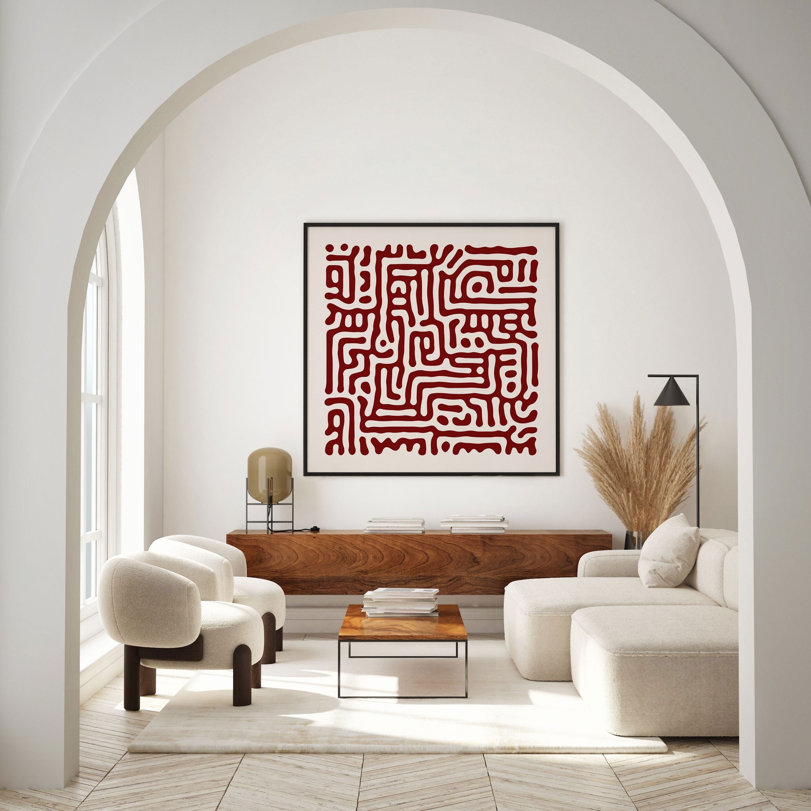 Burgundy Square Wall Art, Mid Century Modern Abstract Pattern