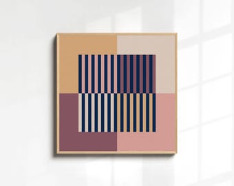 Könnte beinhalten: Abstrakter geometrischer Kunstdruck mit einem Raster aus vertikalen Streifen in den Farben Rosa, Beige, Braun und Marineblau. Der Druck ist in einem hellen Holzrahmen gerahmt.