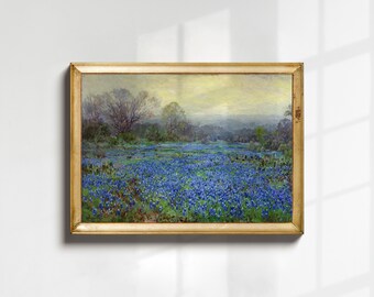 Bluebonnet Painting Print, Vintage Landscape Art, Texas State Flower, Wildflower Meadow, Rustic Wall Art, Farmhouse Decor, Spring Painting