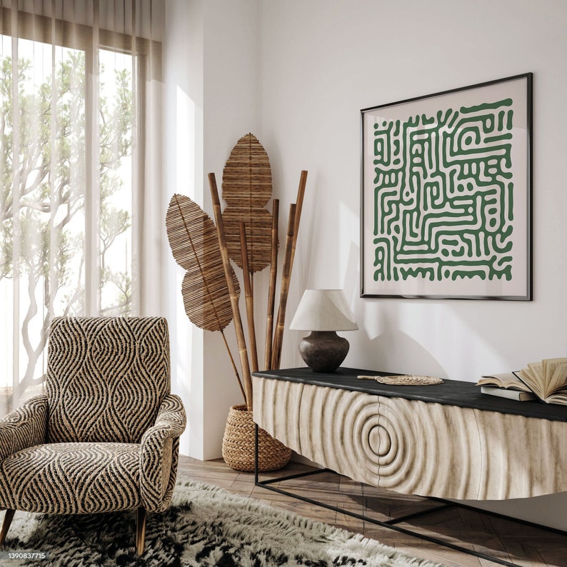 Sage Green Square Wall Art, Mid Century Modern Abstract Pattern, Neutral Gallery Square Print, Sage Green Printable Extra Large Wall Art