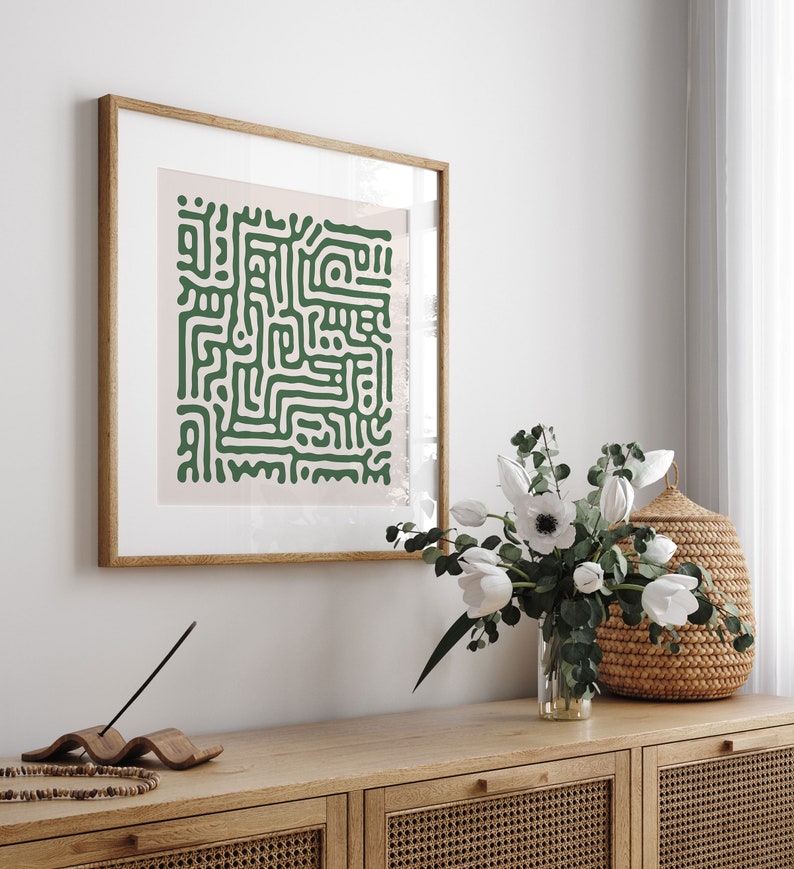 Sage Green Square Wall Art, Mid Century Modern Abstract Pattern, Neutral Gallery Square Print, Sage Green Printable Extra Large Wall Art