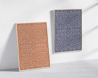 Burnt Orange and Navy Blue Wall Art Gallery Set of 2 Abstract Prints, Neutral Earth Tones, Indigo Minimalist Modern Home Decor Printable
