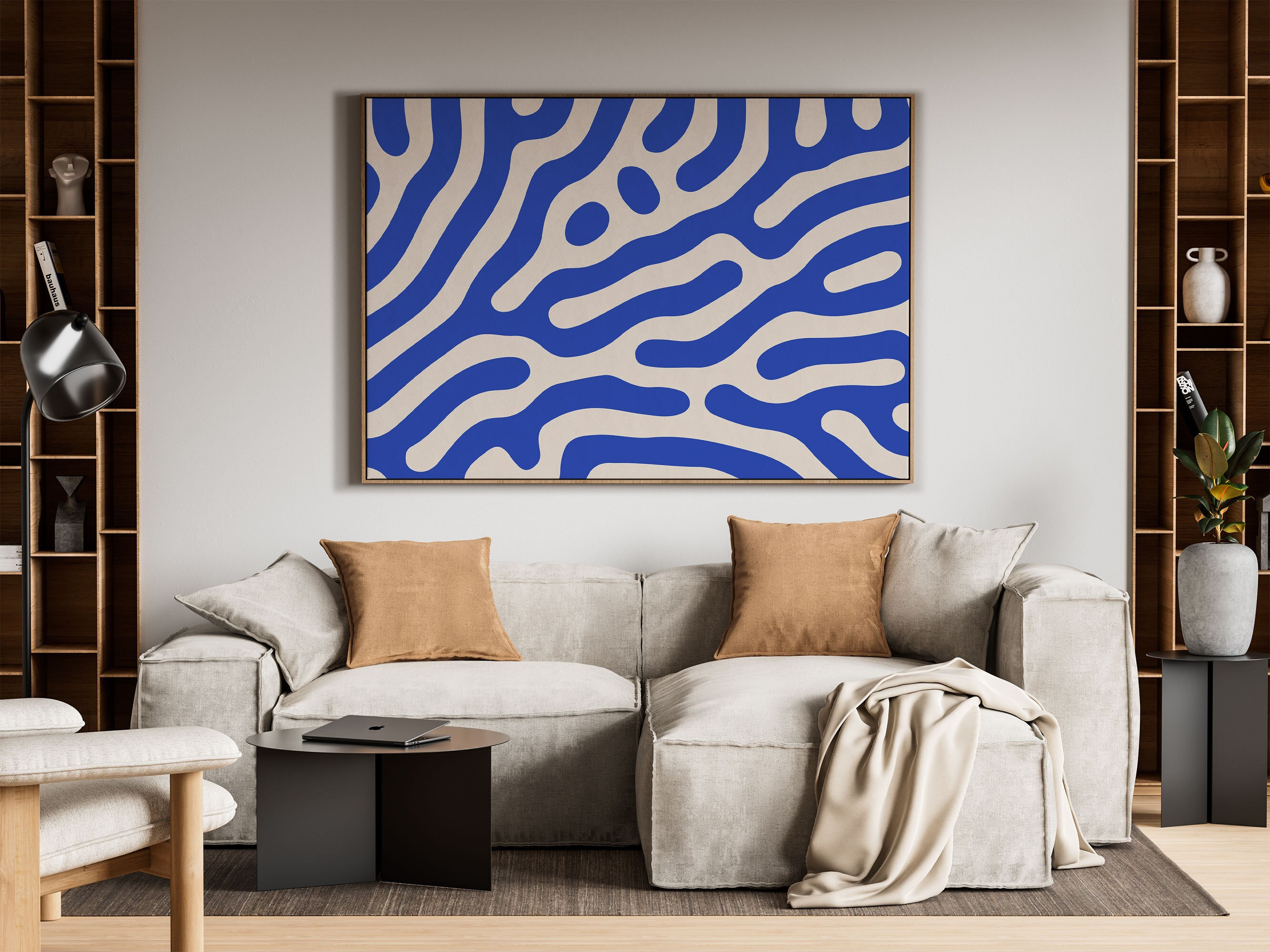 Cerulean Blue Abstract Horizontal Wall Art, Mid Century Modern