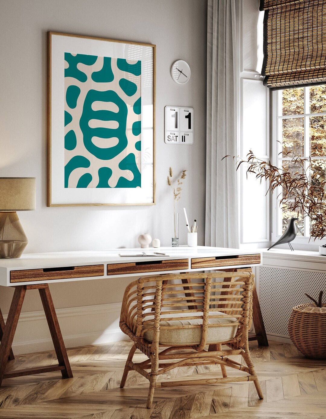 Dark Teal Abstract Printable Wall Art, Mid Century Modern Aqua Print