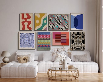 Maximalist galerijmuurset, samengestelde eclectische galerijmuurafdrukken, set van 8 originele kunstwerken, kleurrijke muurkunstgalerij, trendy huisdecor
