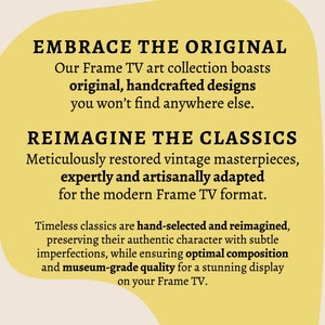 Original and Vintage Artwork for Samsung Frame TV. Hand-drawn one-of-a-kind artworks and hand-selected & reimagined masterpieces.