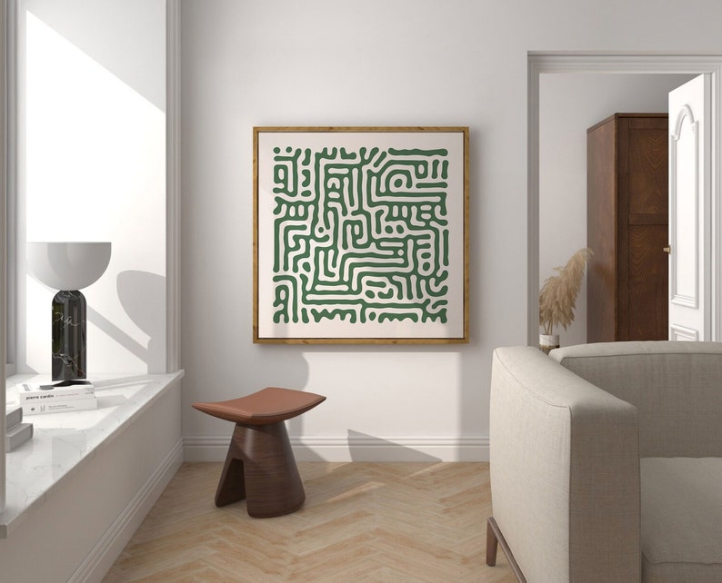 Sage Green Square Wall Art, Mid Century Modern Abstract Pattern, Neutral Gallery Square Print, Sage Green Printable Extra Large Wall Art