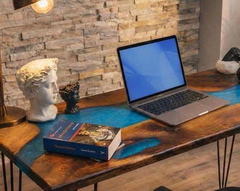 Epoxy Resin Walnut Custom Desk Top, Blue Epoxy Computer Table, Solid Wood Resin Sit Stand Desk, Personalized Studio Desk, Home Office Desk