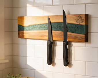 Custom Magnetic Walnut Knife Holder, Rustic Wooden Epoxy Kitchen Stand, Couple Name Engraving