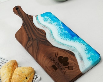 Personalized Walnut Resin Cutting Board, Ocean Wave Live Edge Serving Tray, Grandpa Gift