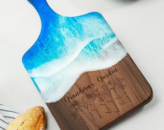 Birth Flower Personalized Resin Ocean Cutting Board, Grandma Chrismtas Gift, Grandmas Garden, Charcuterie Board, Birhday Gift, Nana Gift