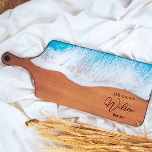 Walnut Resin Live Edge Cutting Board, Ocean Wave Serving Tray, Personalized Wedding Anniversary Gift