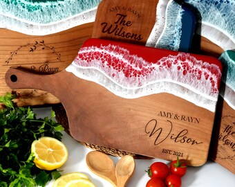 Custom Wedding Gift Ocean Resin Cutting Board, Walnut Live Edge Charcuterie Serving Board, Engagement Gifts, 5th Anniversary Gift, Newlywed