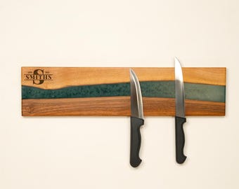 Personalized Epoxy Resin Magnetic Knife Rack, Wooden Kitchen Wall Storage Board, Rustic Farmhouse Decor
