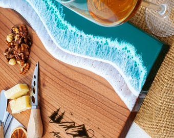 Personalized Ocean Epoxy Cutting Board, Walnut Farmhouse Decor, Housewarming Gift