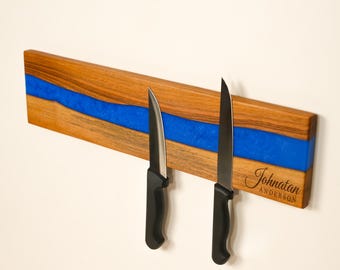 Peronalized Epoxy Walnut Knife Holder with Magnetic Stand, Laser Engraved Wood Rack, Handmade Kitchen Gift