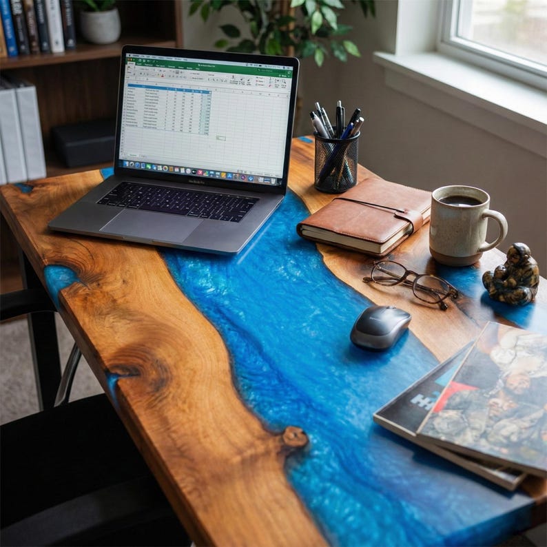 a wooden desk with a laptop, a notebook, a coffee cup, a mouse, and a pair of glasses. The desk has a unique design with a blue-colored surface that resembles a river or a flowing water.
