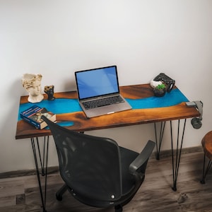 Resin Epoxy Walnut Side Desk, Solid Wood Desk Top, Epoxy Vanity Table, Walnut Standing Desk Top, Live Edge Sit Stand Desk, Epoxy Table Top