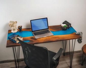 Resin Epoxy Walnut Side Desk, Solid Wood Desk Top, Epoxy Vanity Table, Walnut Standing Desk Top, Live Edge Sit Stand Desk, Epoxy Table Top