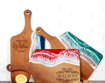 Personalized Ocean Resin Charcuterie Board, Live Edge Walnut, Wedding Anniversary Gift