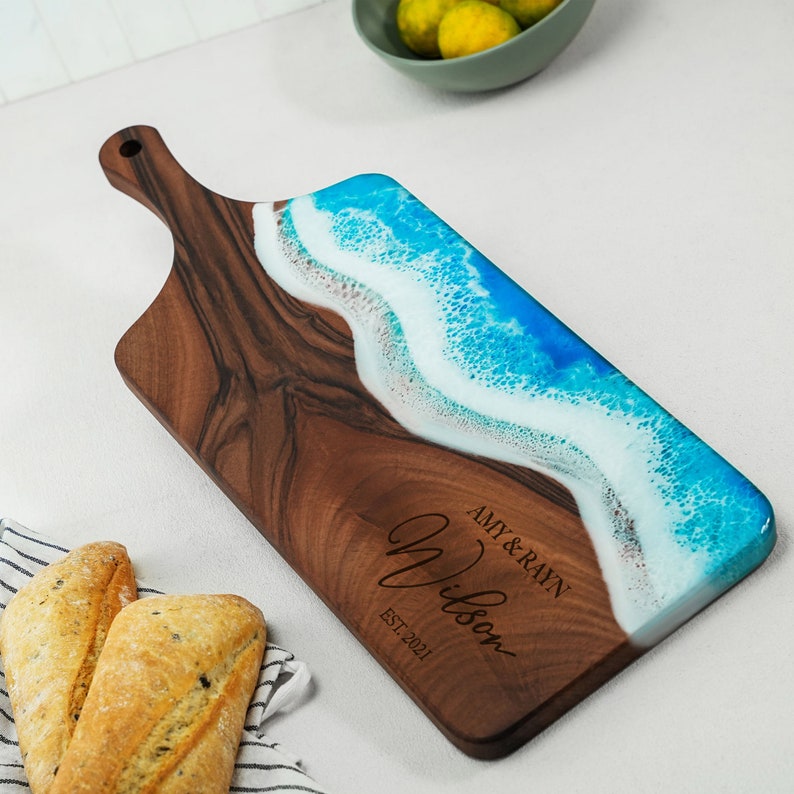 Personalized Epoxy Resin Cutting Board, Personalized Live Edge Walnut Board, Newly Wed Gifts, New Home Owner Gift, Housewarming Gifts image 1