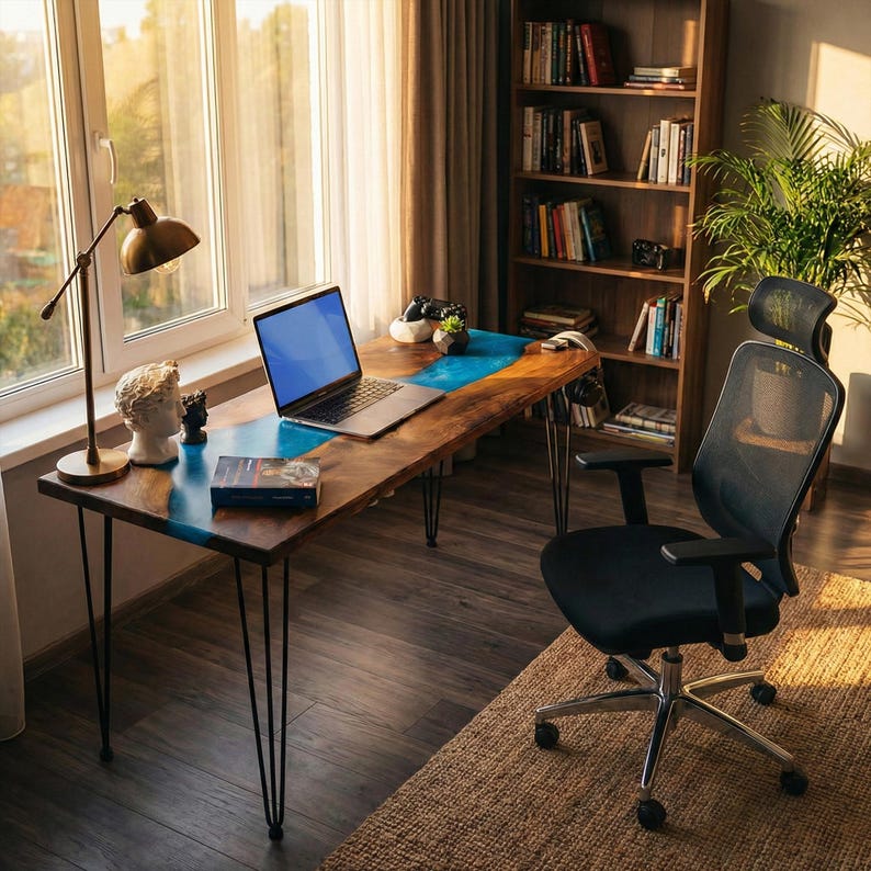 A well-lit home office with a wooden desk, a laptop, a bookshelf filled with books, and a comfortable black office chair.