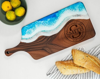 Ocean Resin Cutting Board, Personalized Walnut Serving Charcuterie Board