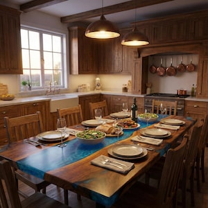 May include: A rustic dining table with a blue resin river in the center is set for a meal. The wooden table is surrounded by wooden chairs and set with plates, silverware, and glasses. Overhead, two copper pendant lights illuminate the scene.