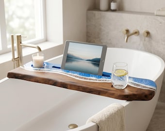 Ocean Resin Bathtub Caddy Tray, Live Edge Wooden Bath Shelf for Relaxation