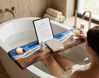 Live Edge Walnut Bathtub Tray, Ocean Resin Relaxation Spa Board