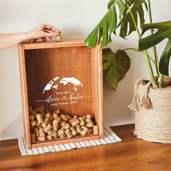 Porte-bouchon de liège personnalisé, cadeau de Noël en bois pour couple, cadeau de pendaison de crémaillère, cadeau de mariage personnalisé, boîte en liège en bois à mémoire de forme, anniversaire