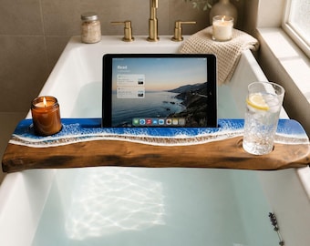 Live Edge Wood Bathtub Caddy with Ocean Resin, Rustic Spa Bathroom Decor