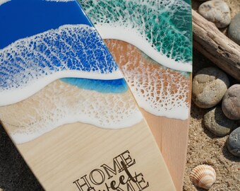 Personalized Epoxy Surfboard Wall Art: Ocean Wave Wood Design, Beach House Decor