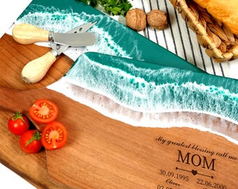 Personalized Resin Ocean Charcuterie Board, Custom Birth Flower Cutting Board, Walnut Wood