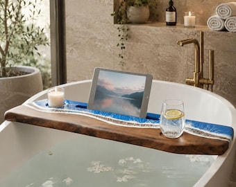 Bathtub Caddy Tray, Live Edge Walnut Wood, Ocean Resin Bath Organizer