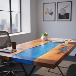 a modern office space with a wooden desk and a blue-tinted wooden surface. On the desk, there is a black coffee cup, a notebook, and a plant. The desk is positioned in front of a window, providing natural light to the workspace. The room also has two framed abstract artworks hanging on the wall, adding an artistic touch to the modern office design.