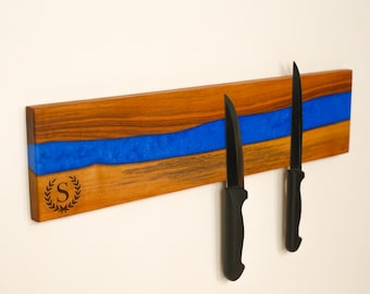 Personalized Walnut Wooden Magnetic Knife Holder, Epoxy Kitchen Wall Rack, Knife Organizer