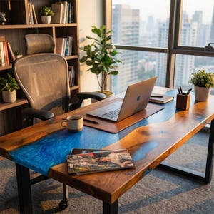May include: A modern office desk with a live edge wood design and a blue epoxy river. The desk has a black metal frame, a laptop, and a leather desk pad. A mug of coffee and magazines are on the desk.