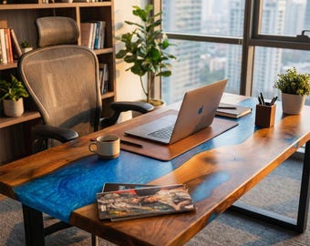 Resin Epoxy Walnut Side Desk, Solid Wood Desk Top, Epoxy Vanity Table, Walnut Standing Desk Top, Live Edge Sit Stand Desk, Epoxy Table Top