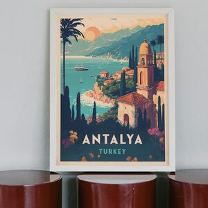 Impresión retro de Turquía / Arte del puerto de Antalya / Decoración costera minimalista / Recuerdo turco / ArtfulDan
