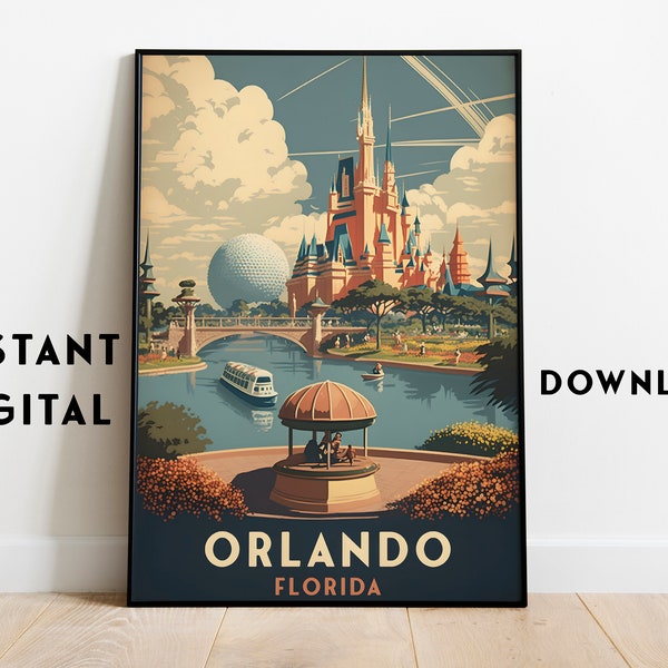 affiche de voyage d'Orlando en Floride | Art mural vintage | Téléchargement instantané