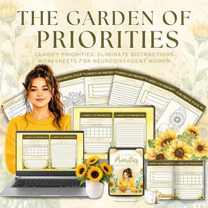 Puede incluir: Un conjunto de planificadores digitales e imprimibles titulado The Garden of Priorities, con hojas de trabajo para personas neurodivergentes. Incluye páginas para colorear, hojas de reflexión y plantillas de programación en pantallas.